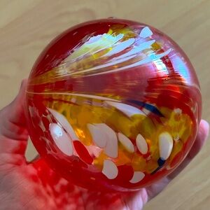 Blown glass ornament ball - handmade artisan decor - Red, yellow, white & black